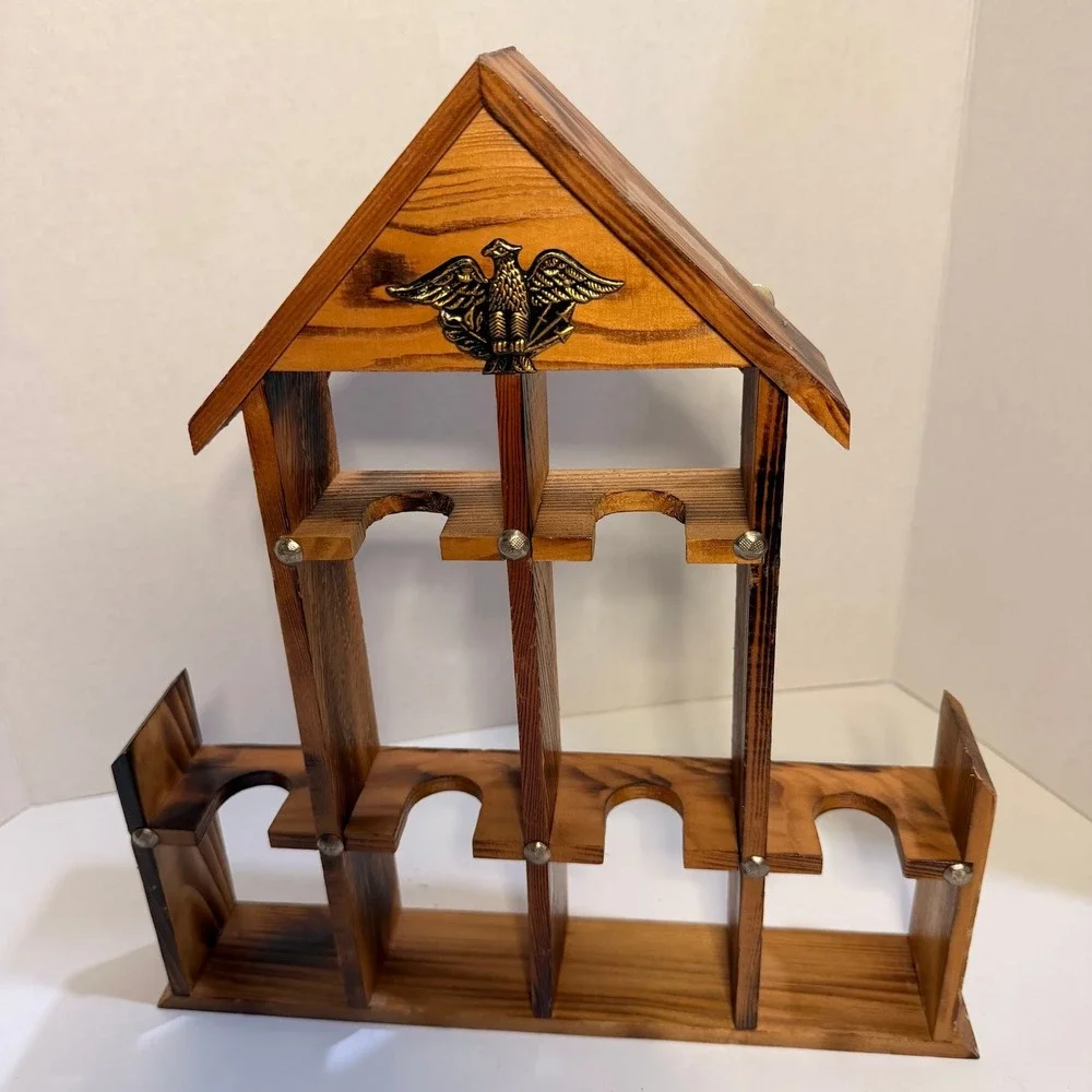 Vintage Wooden House Shape Trinket Shelf Kitschy Brass Eagle Americana Rustic